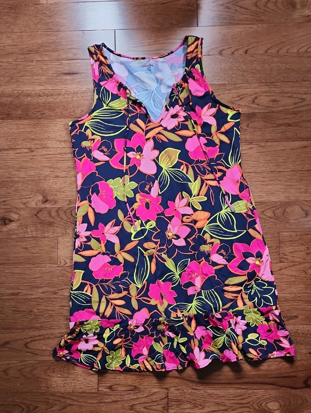 NWOT Lands' End Navy Tank Dress/ Swim Cover Up with Neon Pink & Lime Floral